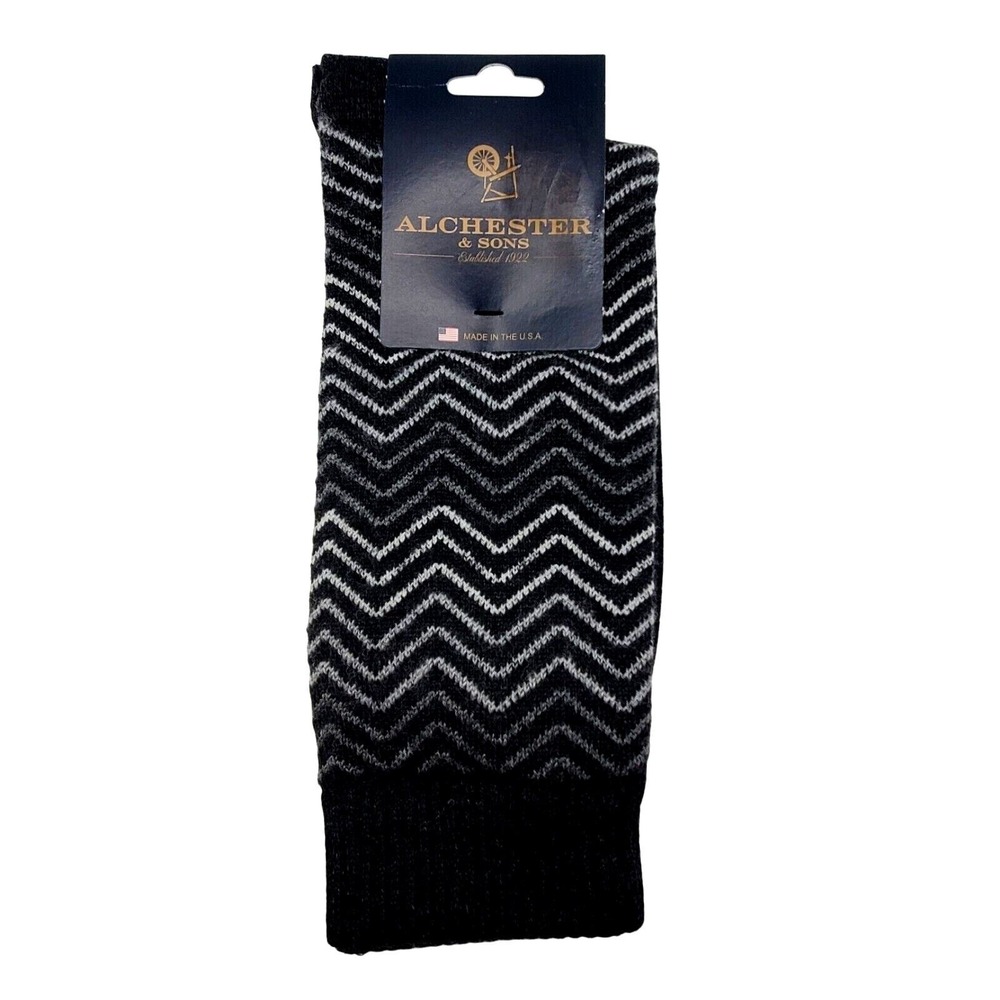 Charcoal Black Wool Crew Socks Mens Large Dress Alchester Lucas Herringbone NEW